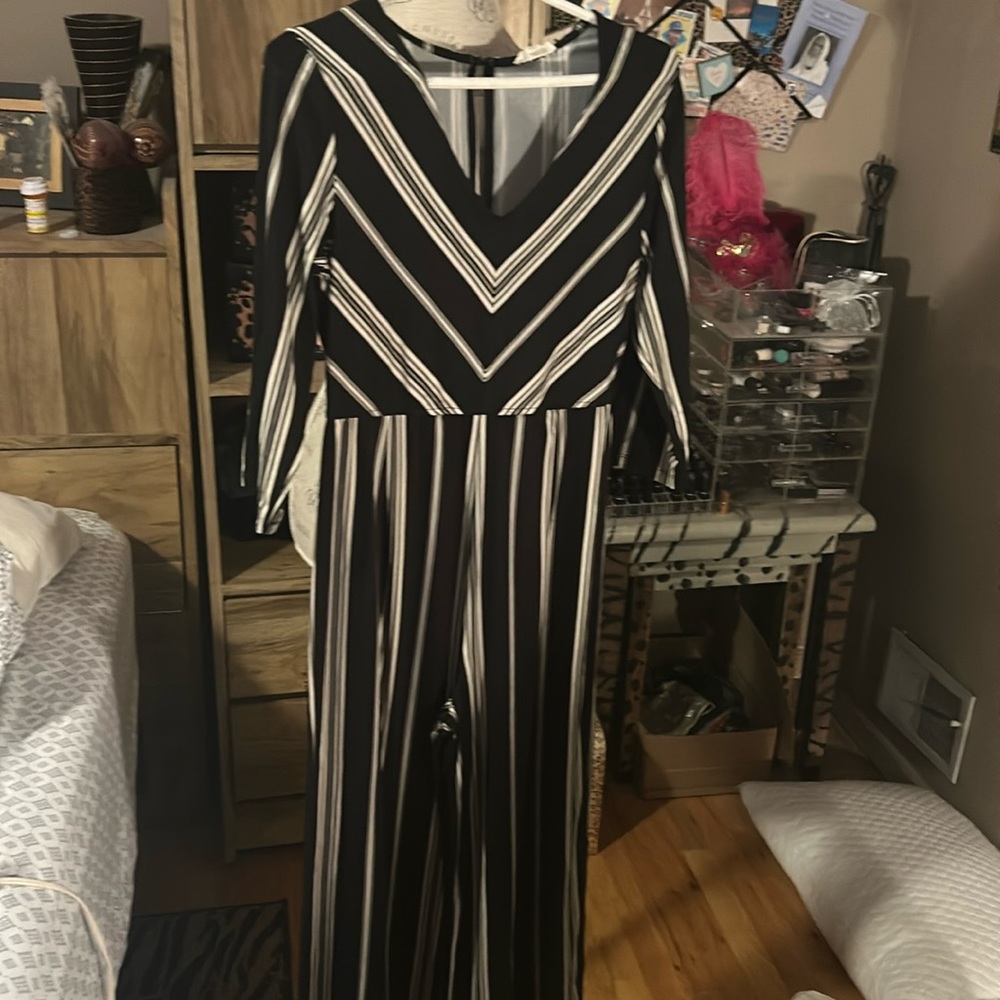Inspired Hearts Black & White Stripes Wide Leg Jumpsuit - Large